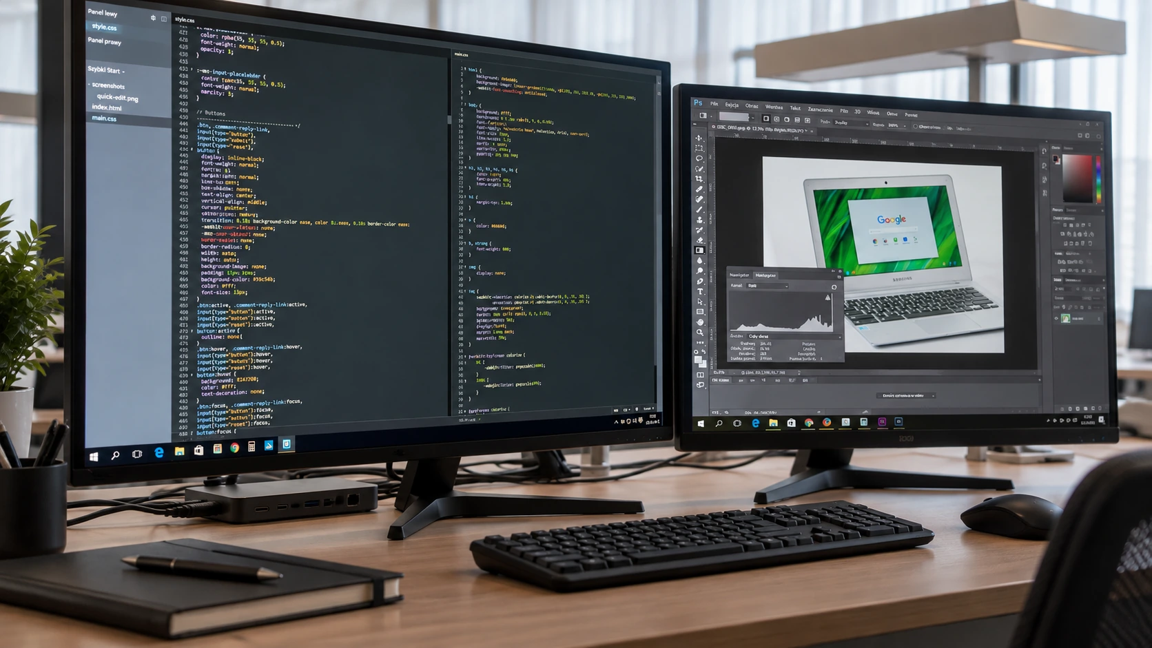 コード編集画面とWeb制作ソフトを表示した端末の参考写真
